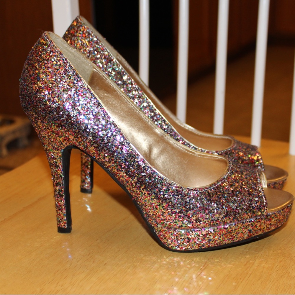 Sparkly rainbow high heels